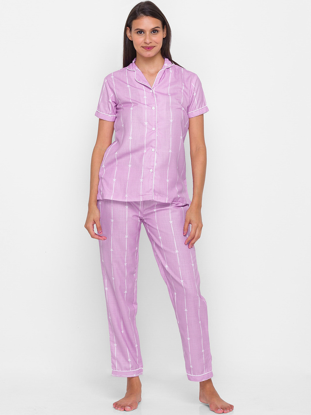 

NOIRA Women Purple & White Striped Pure Cotton Night suit