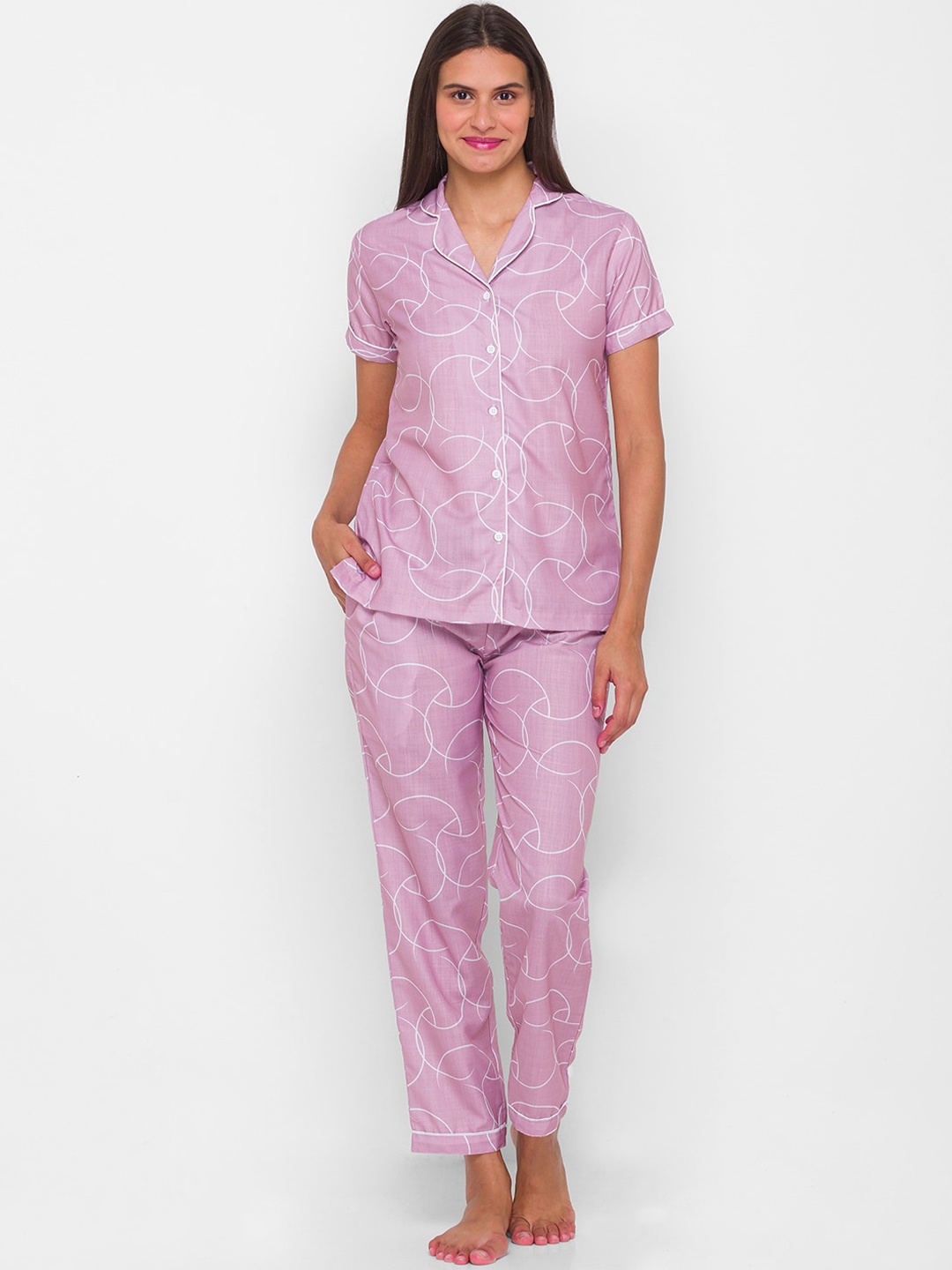 

NOIRA Women Pink & White Printed Cotton Night suit