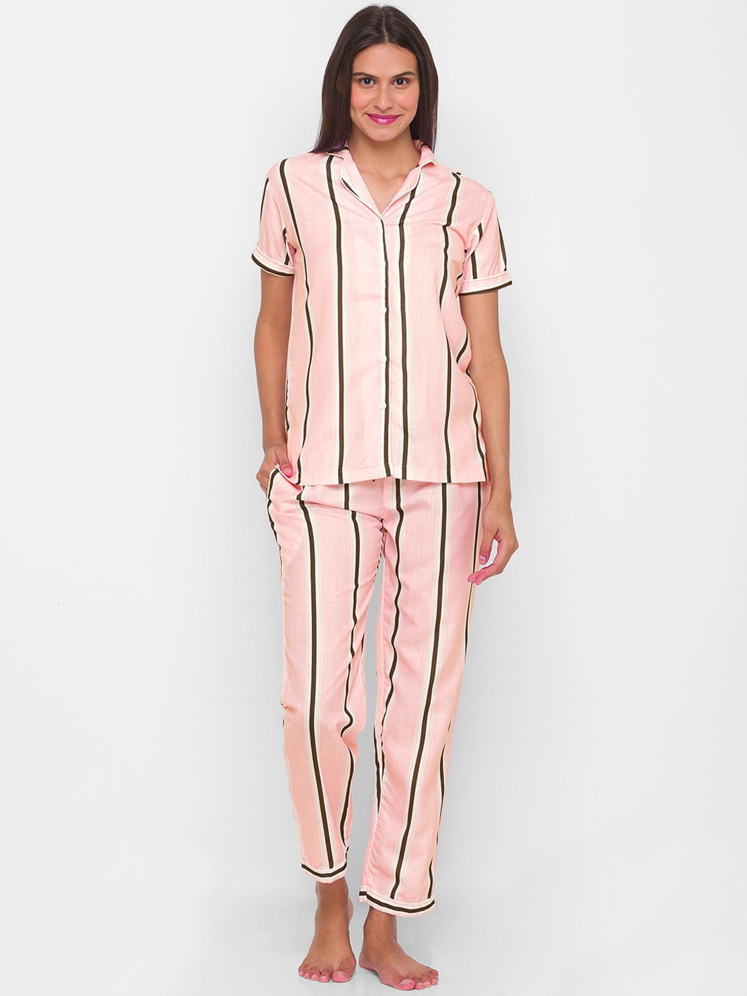

NOIRA Women Pink & Brown Striped Pure Cotton Night suit