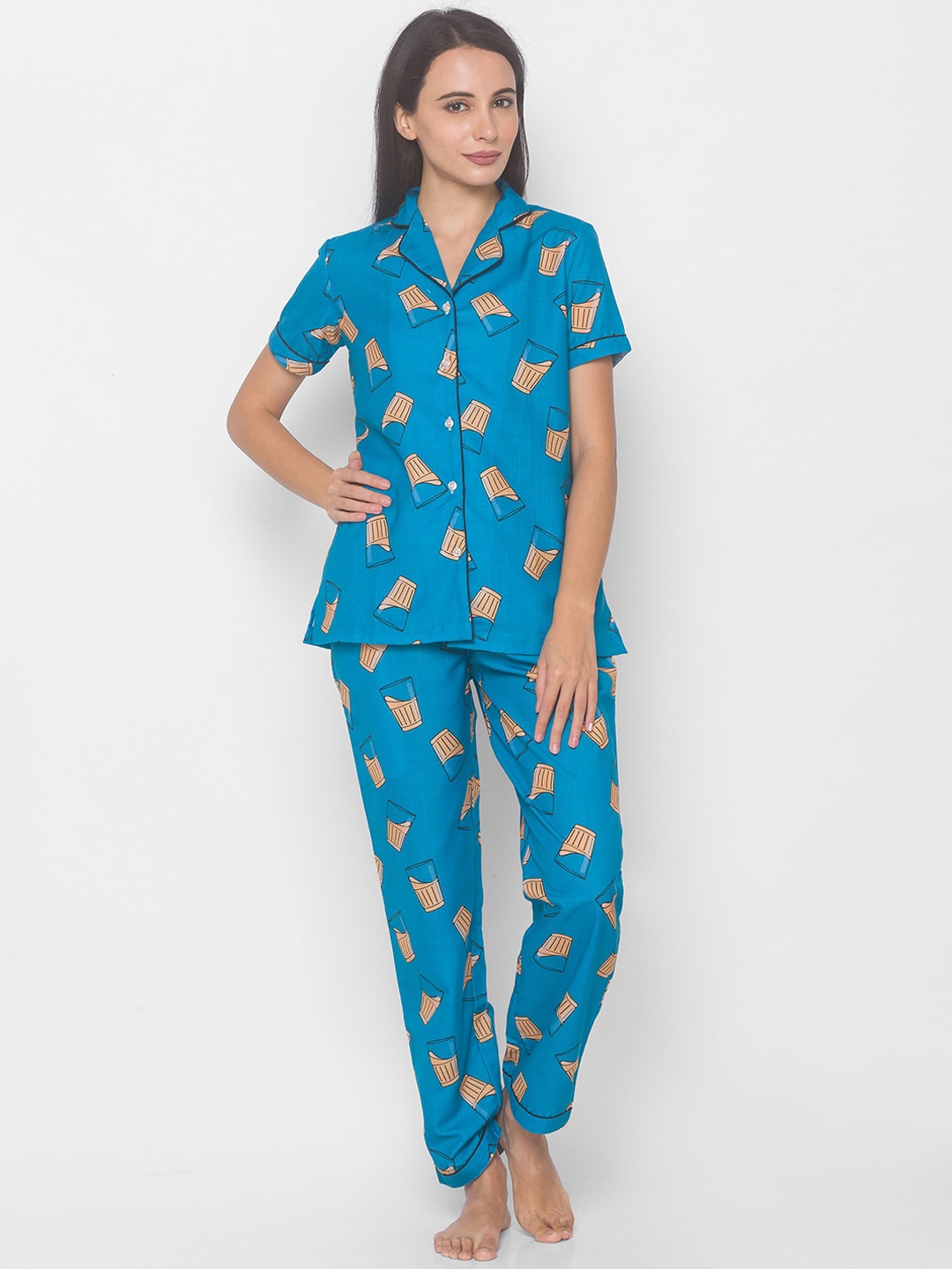

NOIRA Women Blue & Camel Brown Graphic Printed Pure Cotton Night suit