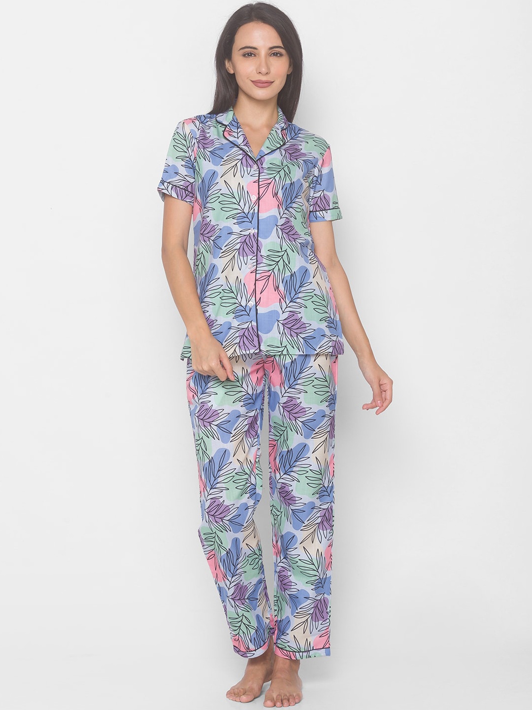 

NOIRA Women Blue & Pink Floral Printed Pure Cotton Night Suit