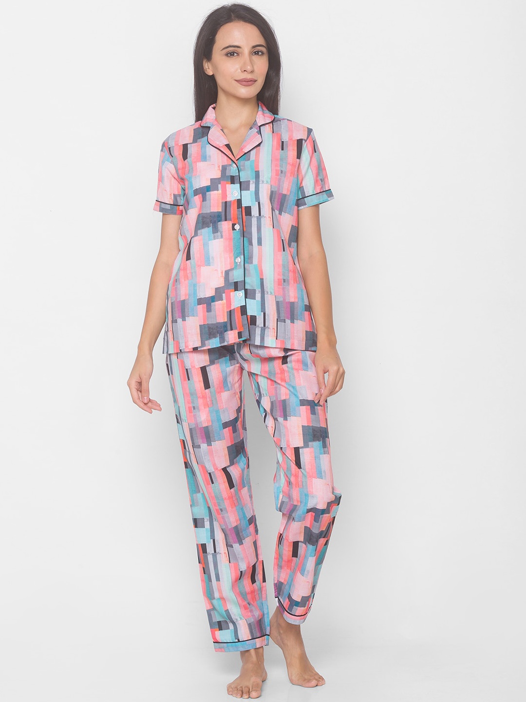 

NOIRA Women Blue & Pink Printed Pure Cotton Night suit