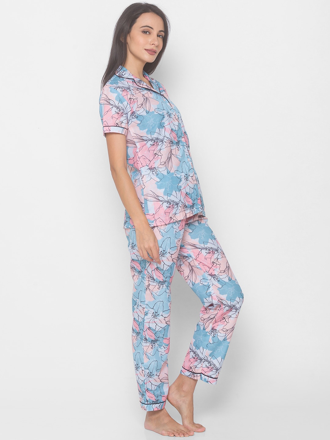 

NOIRA Women Blue & Pink Printed Pure Cotton Night suit
