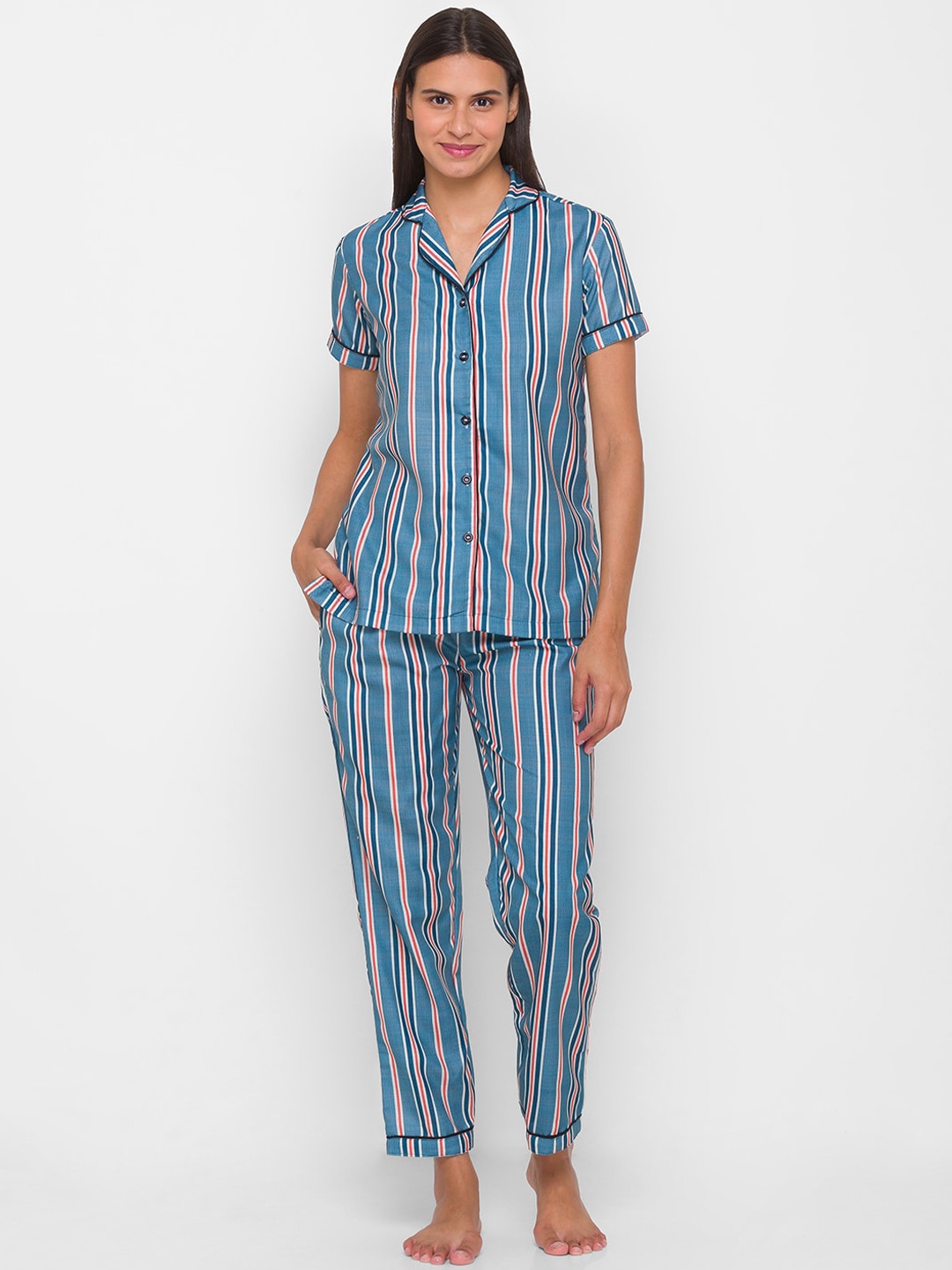 

NOIRA Women Blue & White Striped Cotton Night suit