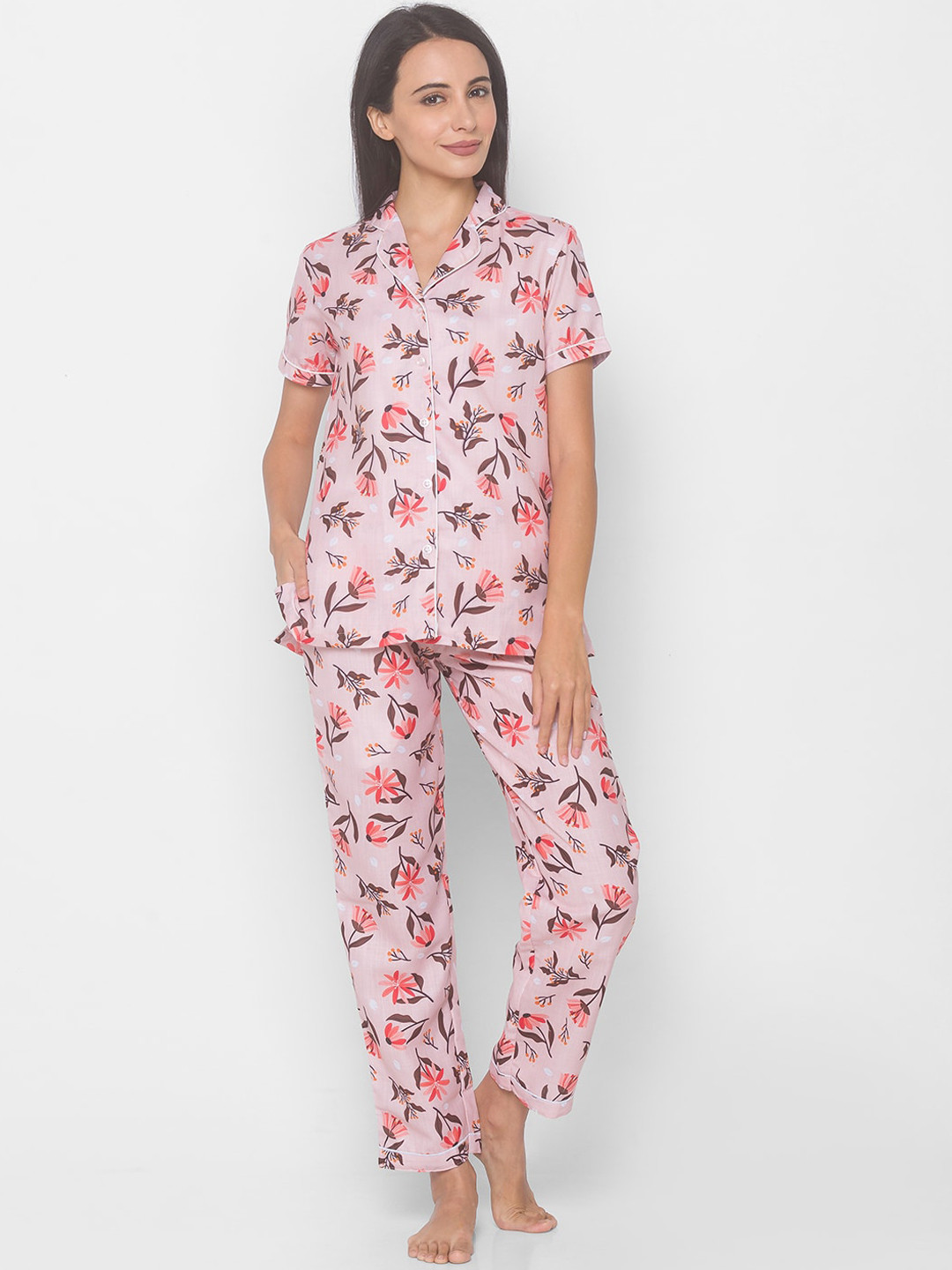 

NOIRA Women Pink & Peach-Coloured Printed Pure Cotton Night suit