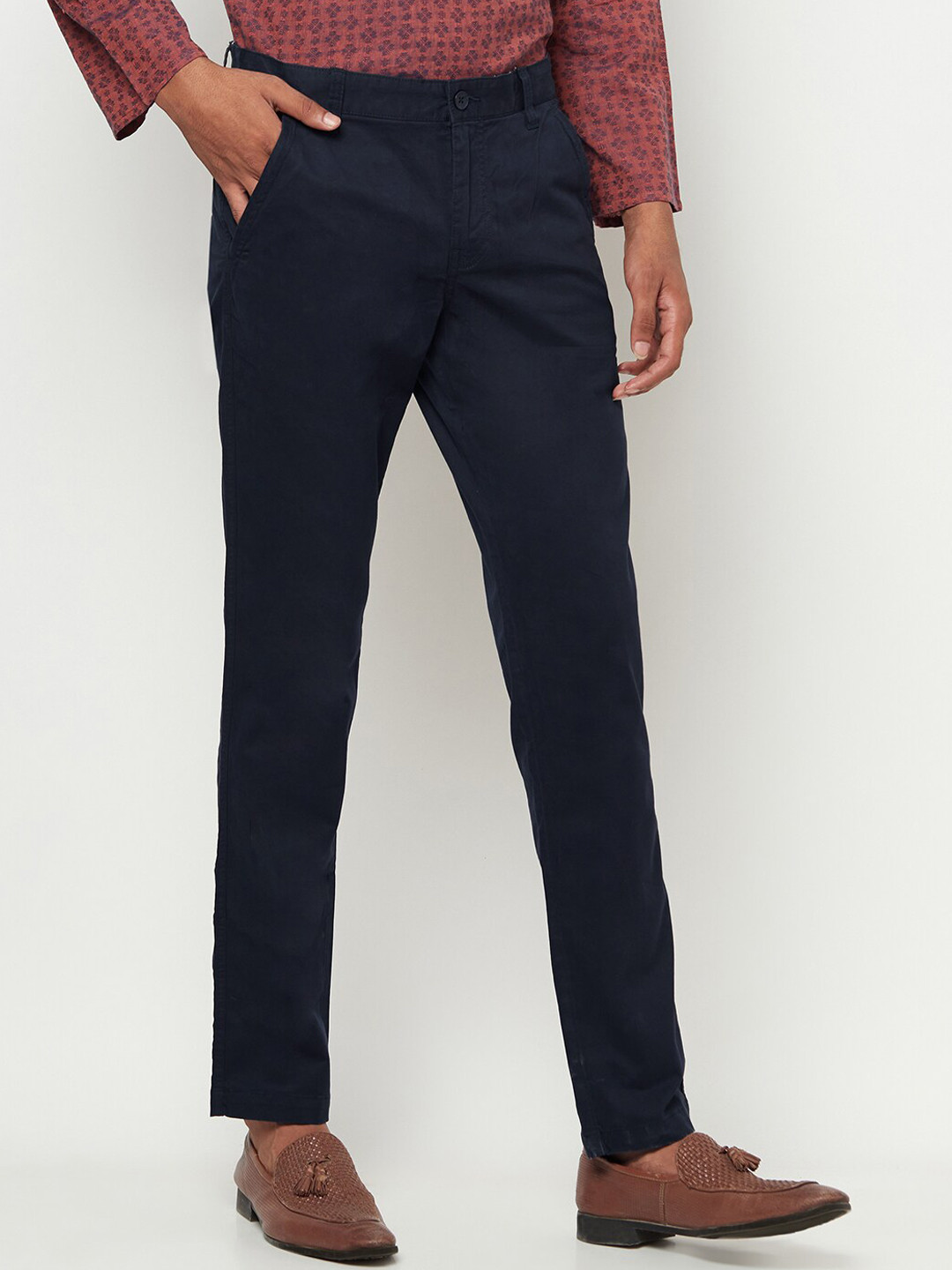 

Fabindia Men Navy Blue Solid Slim Fit Cotton Trousers