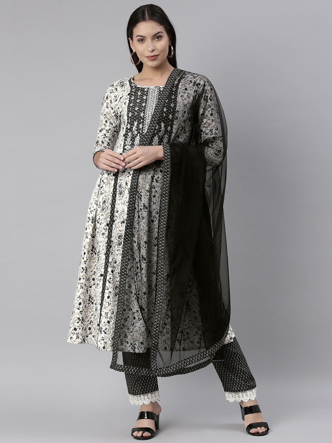 

SheWill Women White & Black Mirror Work Embroidered Kurta with Trousers & With Dupatta