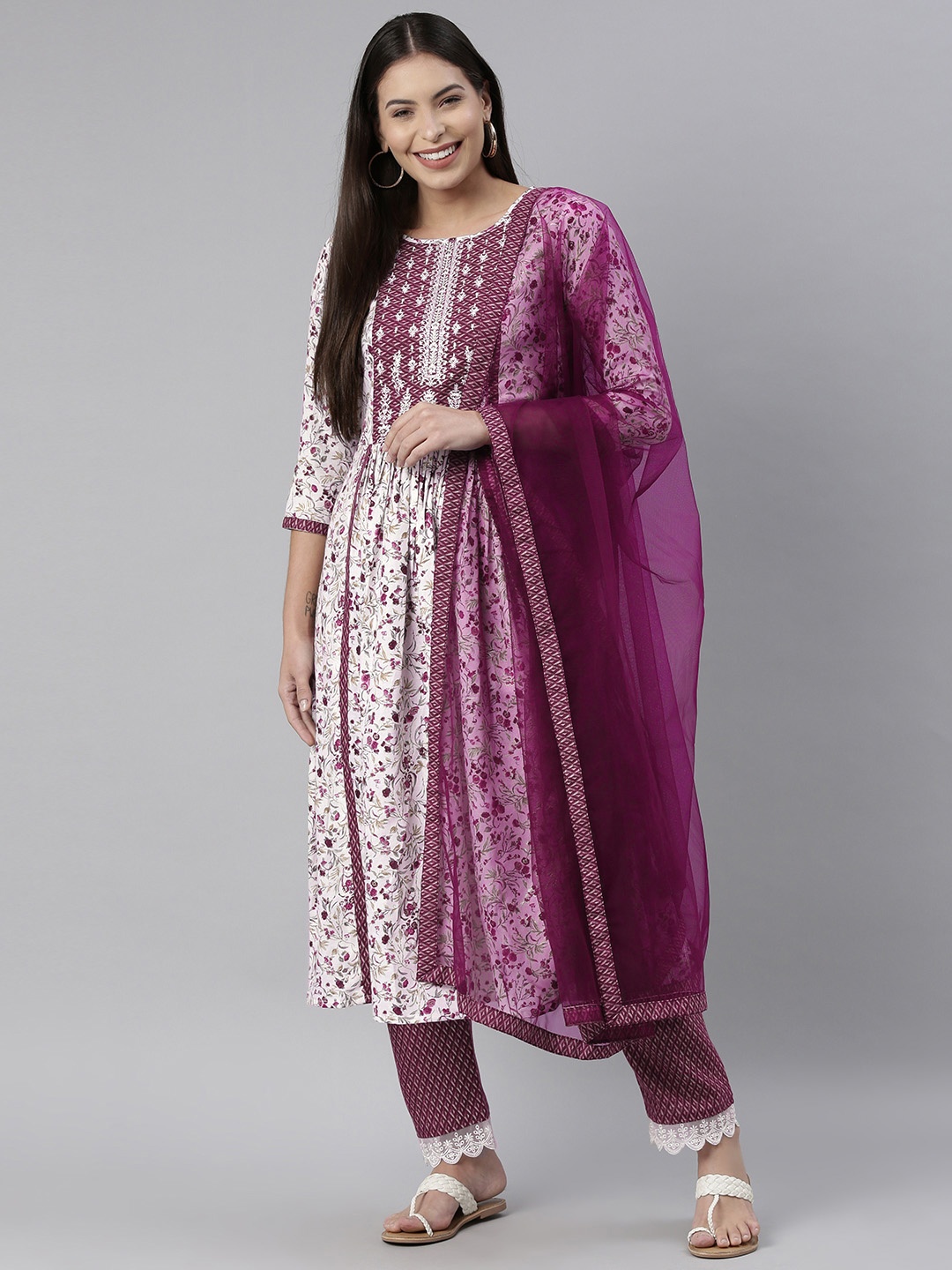 

SheWill Women White & Purple Mirror Work Embroidered Kurta with Trousers & With Dupatta
