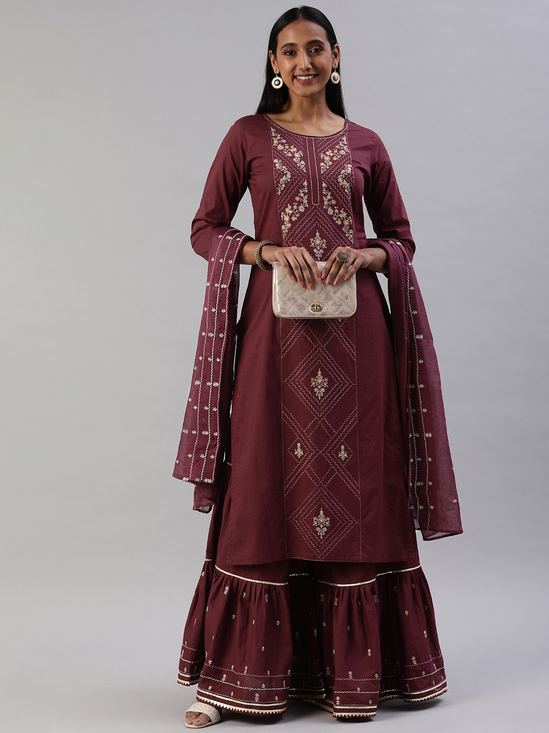 

SheWill Women Burgundy & Yellow Floral Cotton Embroidered Kurta with Sharara & Dupatta