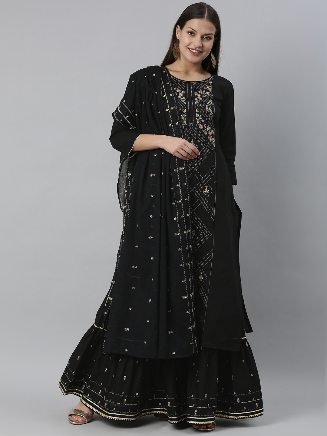 

SheWill Women Black Ethnic Motifs Embroidered Panelled Pure Cotton Kurta with Sharara & With Dupatta