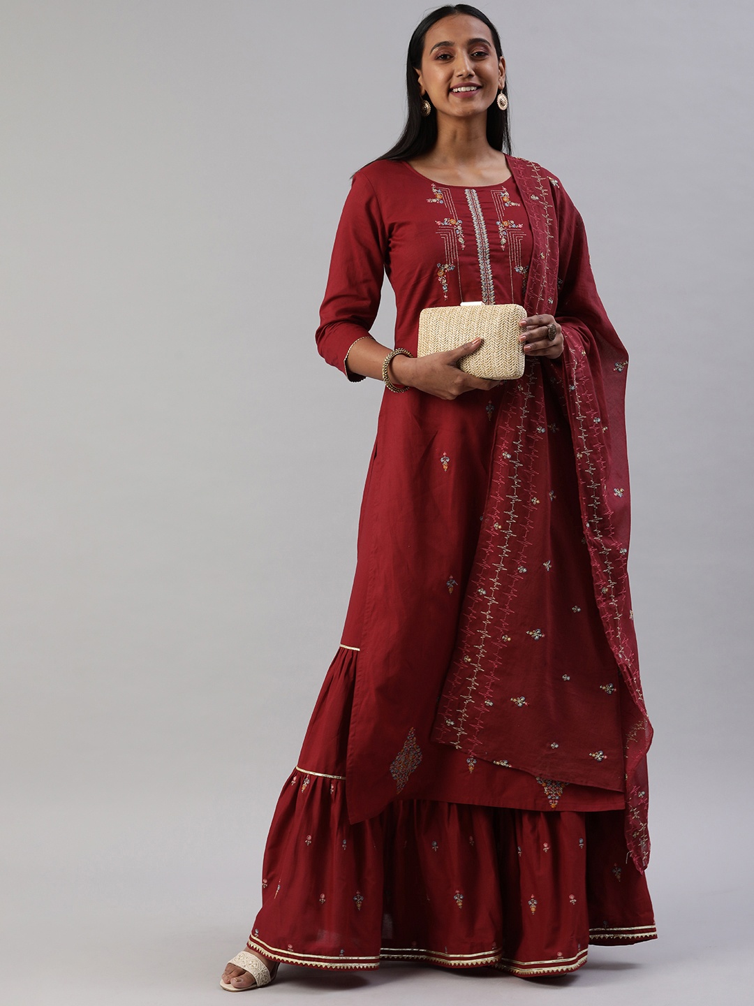 

SheWill Women Maroon & Grey Cotton Floral Embroidered Kurta with Sharara & Dupatta