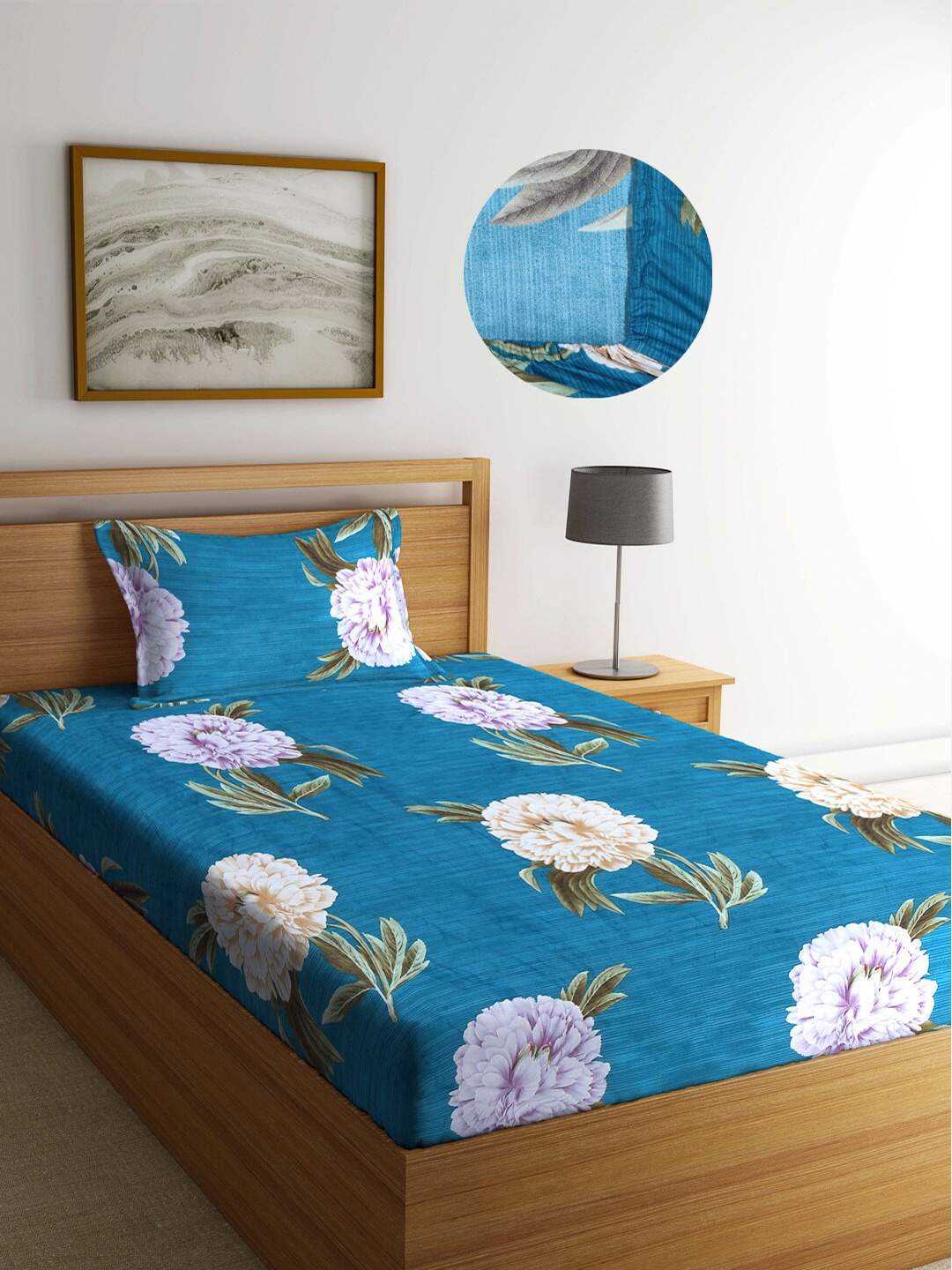 

Arrabi Teal & White Floral 300 TC Single Bedsheet with 1 Pillow Covers