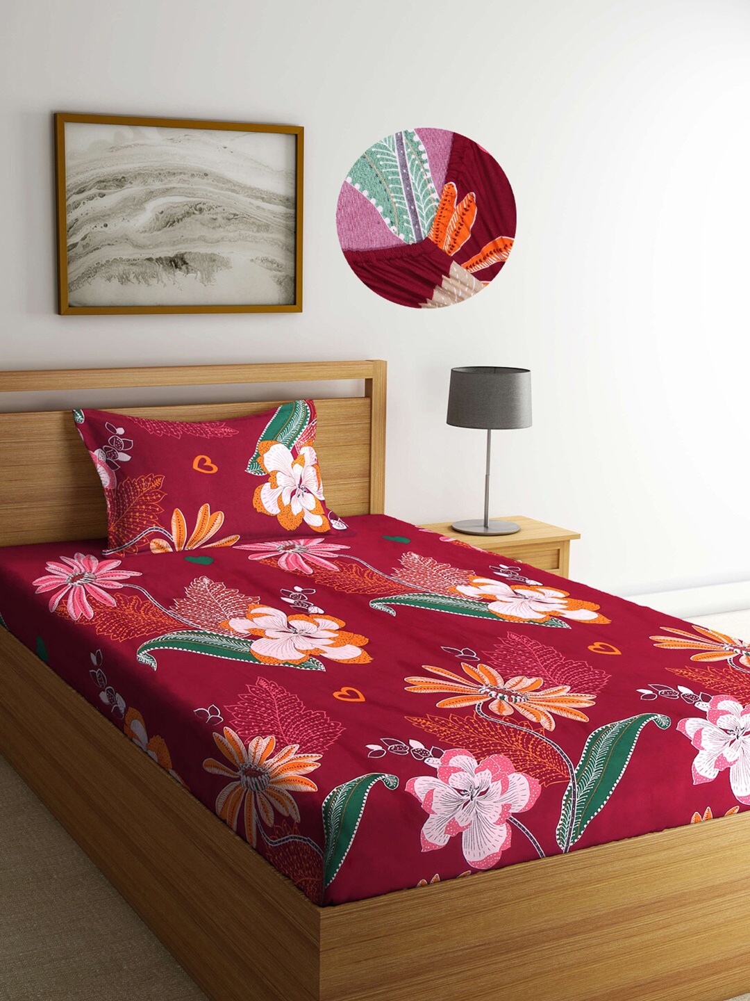 

Arrabi Red & Green Floral 300 TC Single Fitted Bedsheet with 1 Pillow Cover