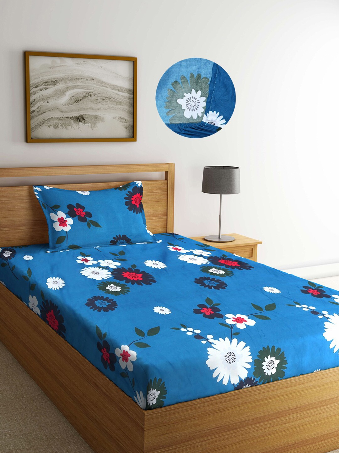 

Arrabi Blue Floral 300 TC Cotton Blend Single Size Fitted Bedsheet with 1 Pillow Cover
