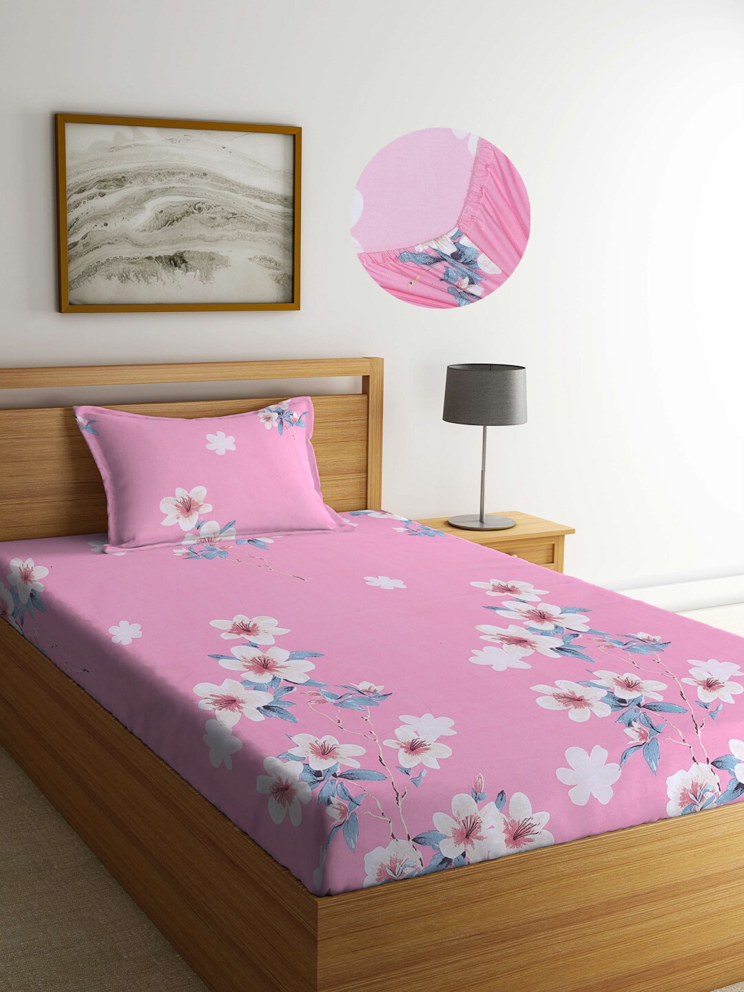 

Arrabi Pink Floral 300TC Cotton Blend Single Size Fitted Bedsheet with 1 Pillow Cover