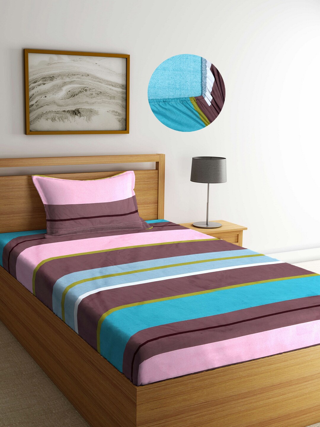 

Arrabi Multi Stripes 300TC Cotton Blend Single Size Fitted Bedsheet with 1 Pillow Cover, Brown