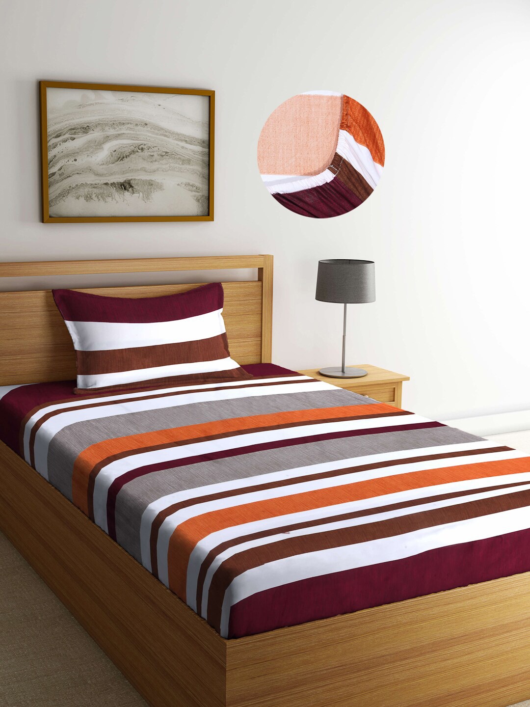

Arrabi White & Maroon Striped 300 TC Single Bedsheet with 1 Pillow Covers