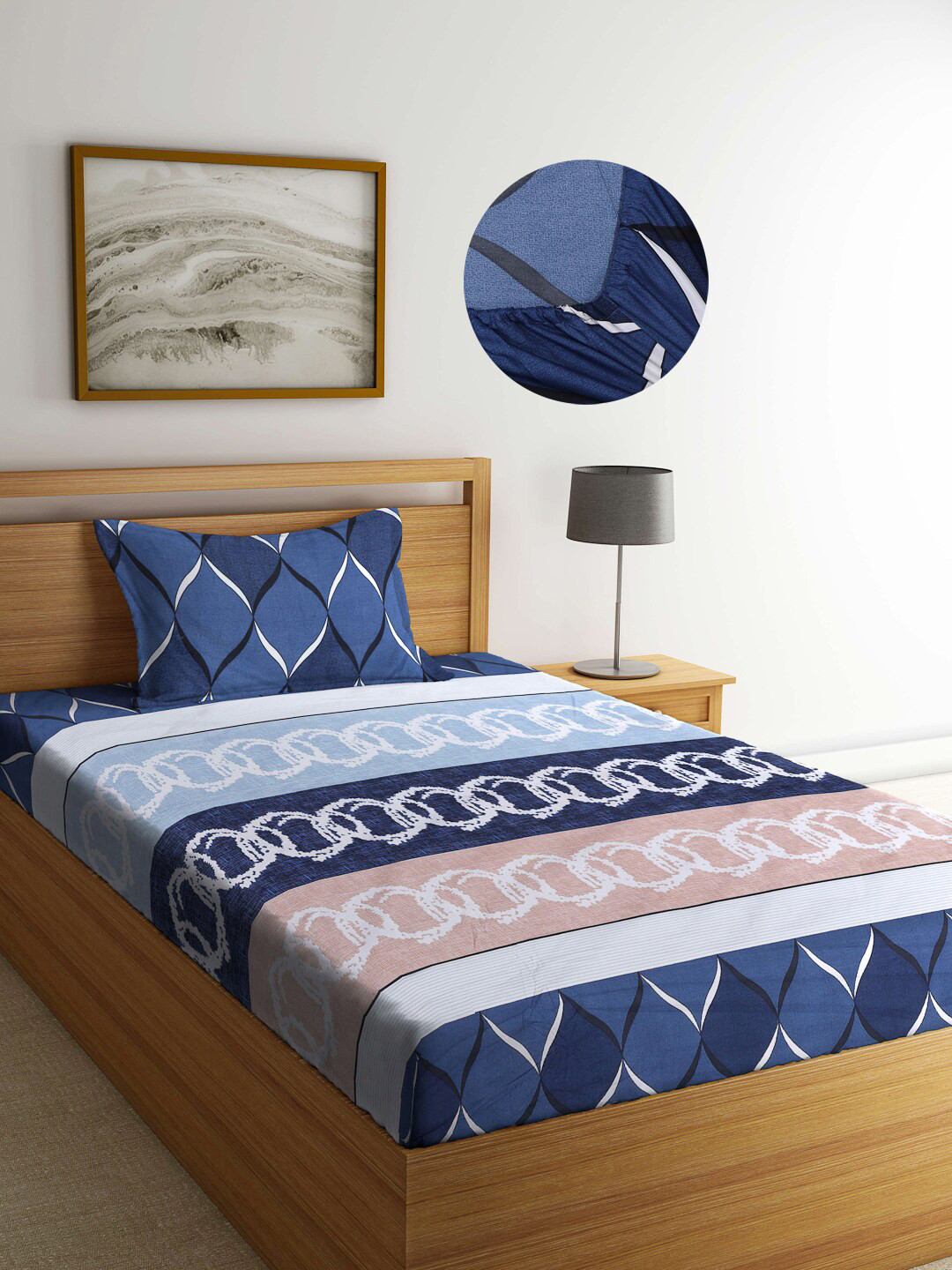 

Arrabi Blue & White Graphic 300 TC Single Bedsheet with 1 Pillow Covers