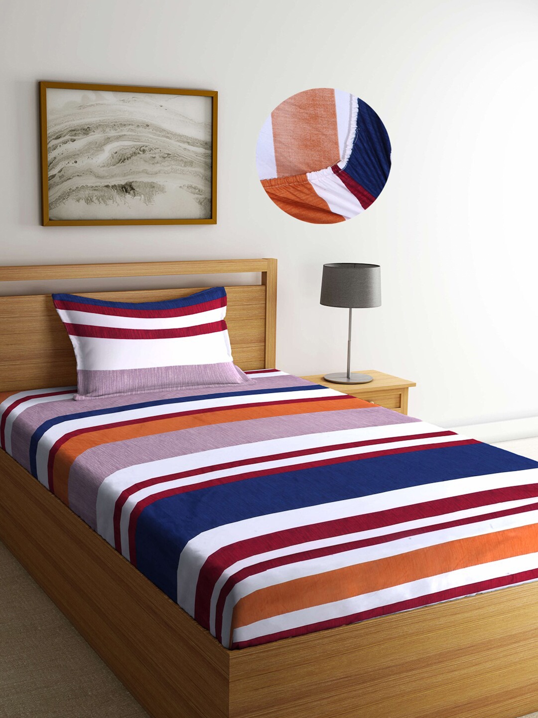 

Arrabi Multi Stripes 300 TC Cotton Blend Single Size Fitted Bedsheet with 1 Pillow Cover, Navy blue