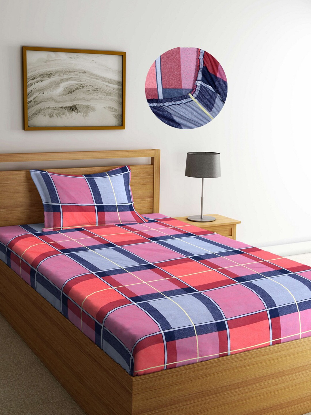 

Arrabi Multi Checks 300 TC Cotton Blend Single Size Fitted Bedsheet with 1 Pillow Cover, Navy blue