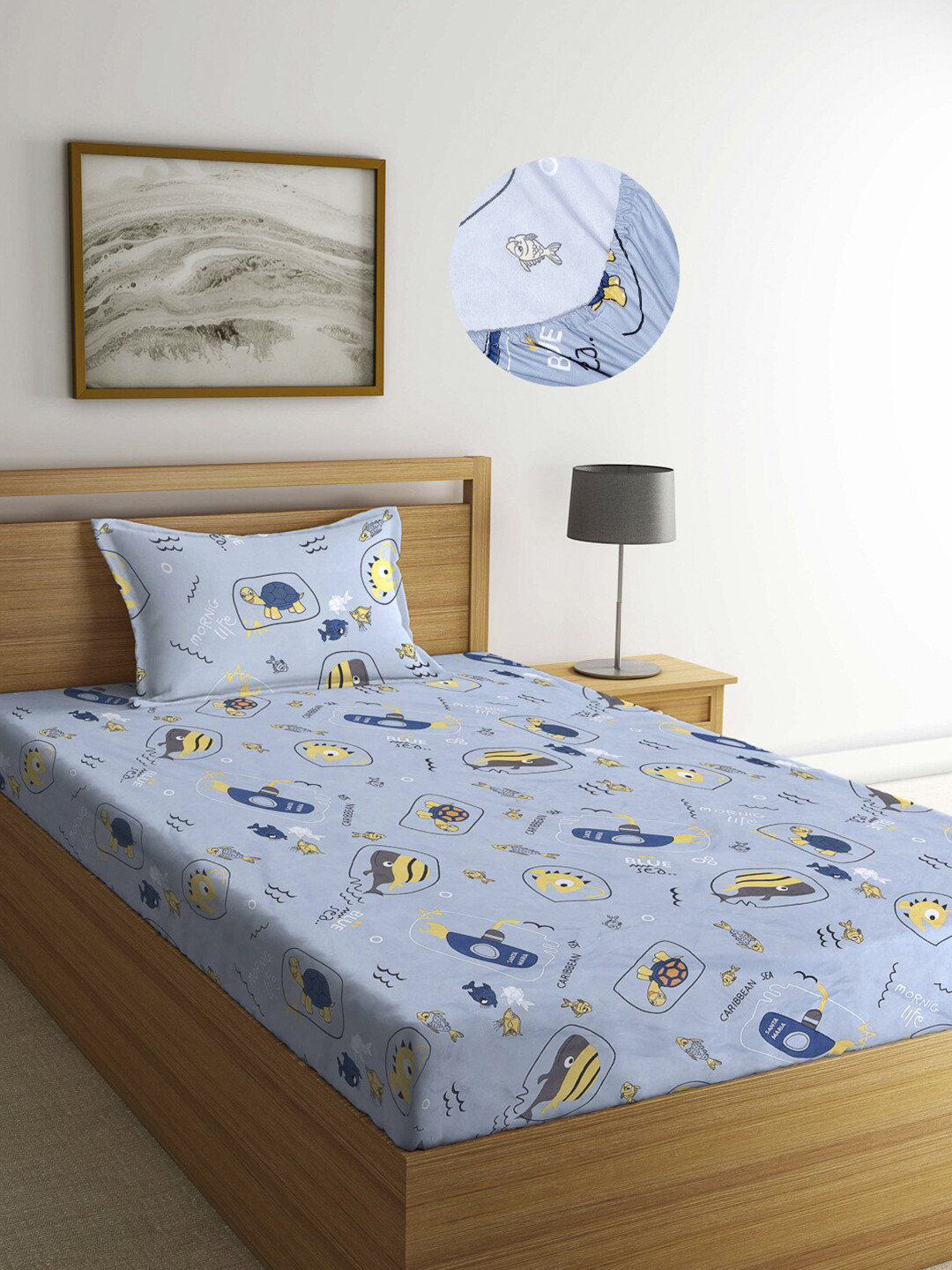

Arrabi Grey Cartoon 300TC Cotton Blend Single Size Fitted Bedsheet with 1 Pillow Cover