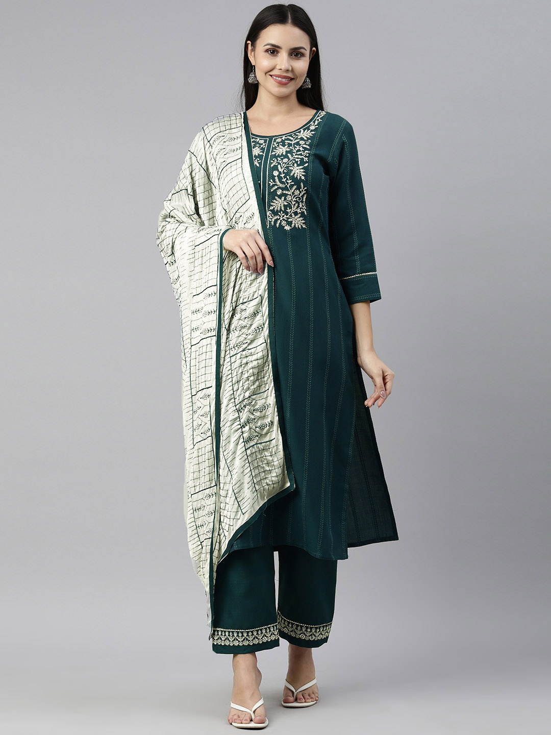 

SheWill Women Teal Green Ethnic Motifs Embroidered Kurta with Trousers & With Dupatta