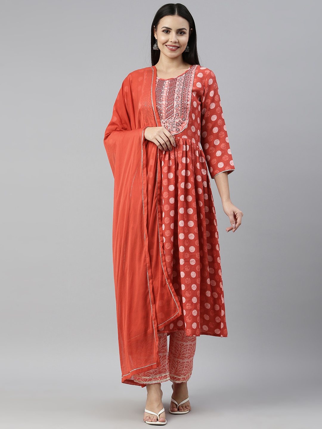 

SheWill Women Red Embroidered Mirror Work Kurta with Trousers & With Dupatta