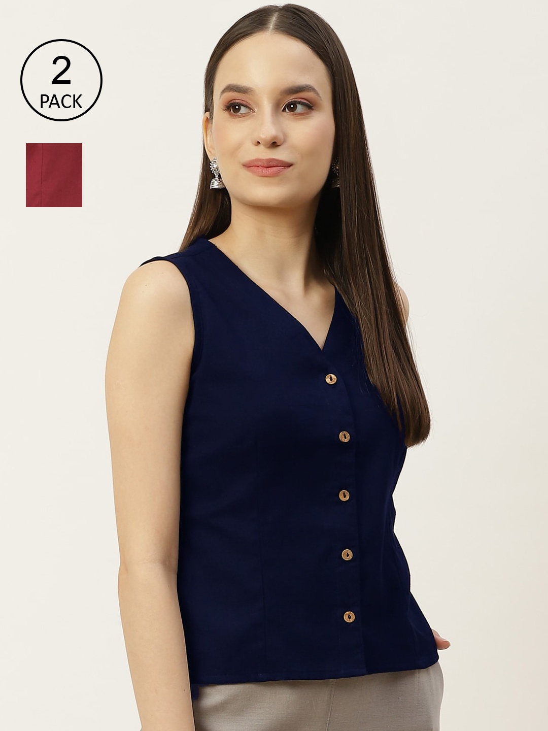 

Molcha Women Pack Of 2 Solid Cotton Saree Blouses, Navy blue