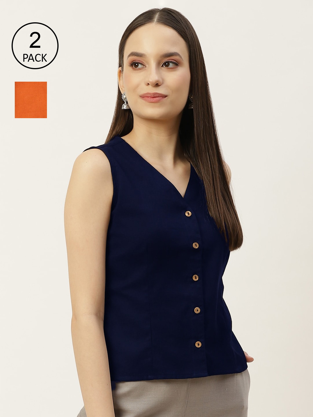 

Molcha Women Navy Blue & Orange Pack Of 2 Solid Cotton Saree Blouse