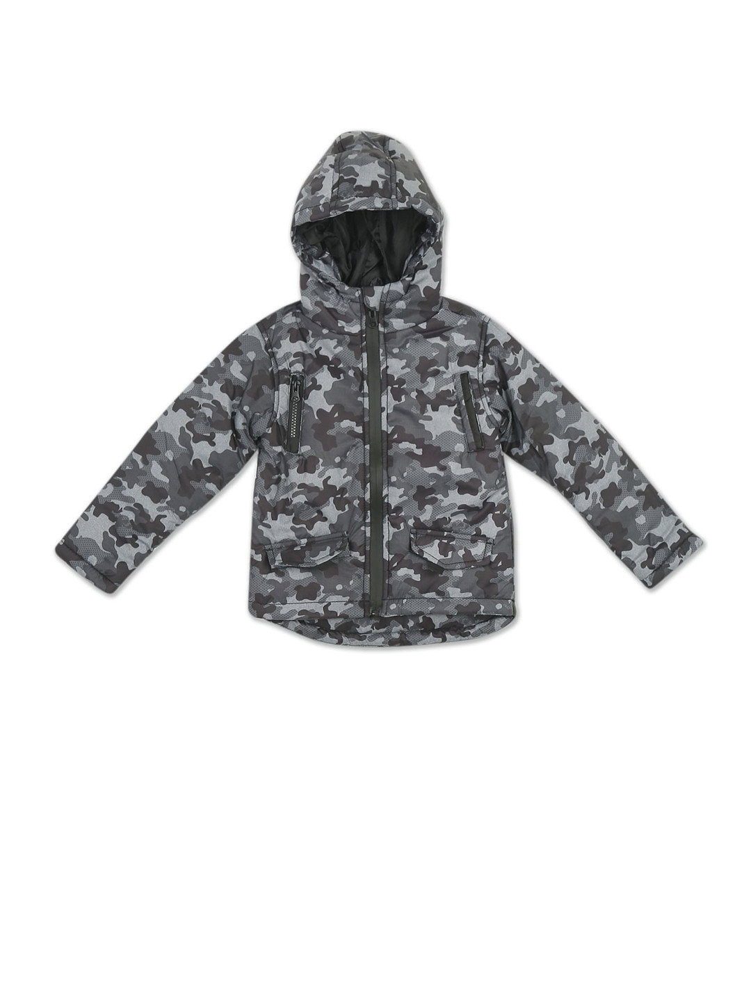 

Cherokee Boys Black & Grey Camouflage Printed Hooded Front-Open Sweater with Zip Detail