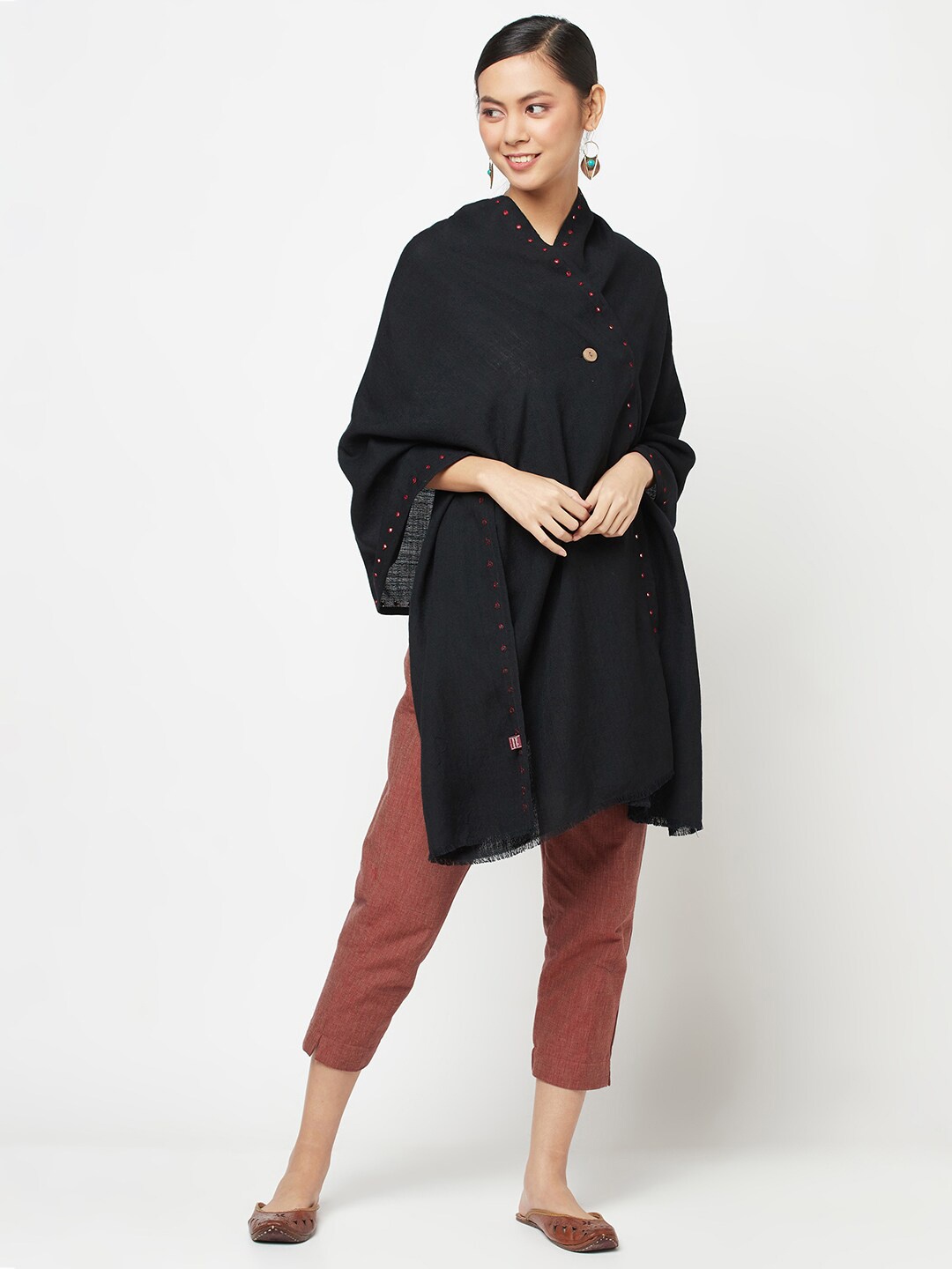 

Fabindia Women Black Solid Woolen Wrap Dress