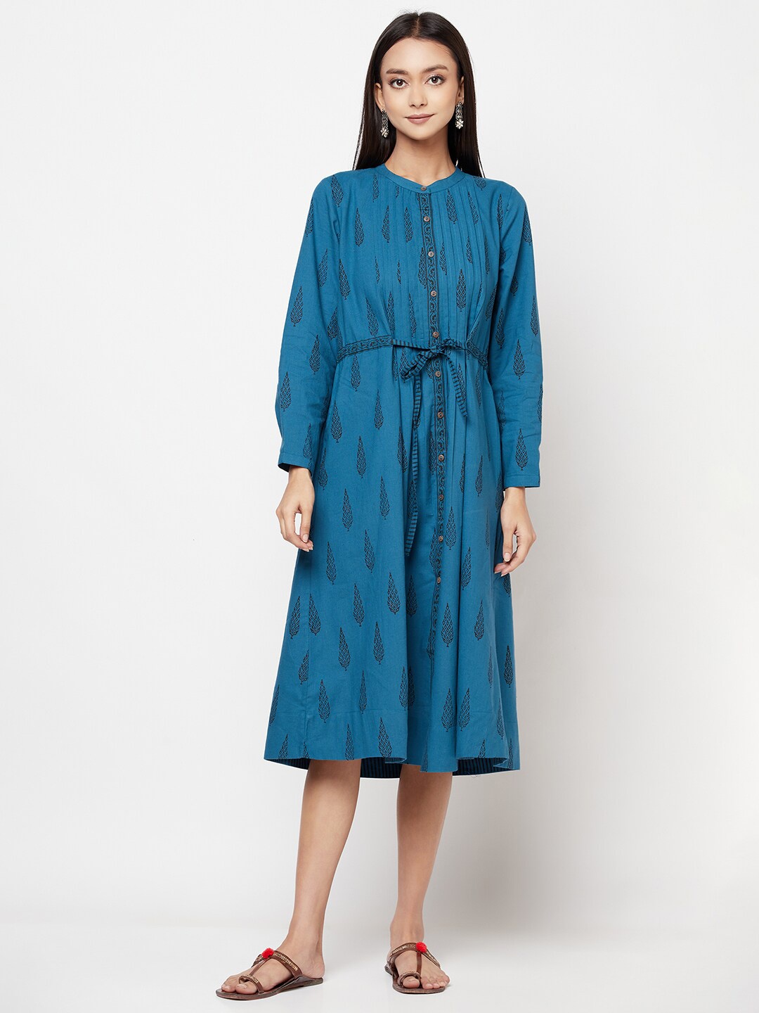 

Fabindia Women Teal Floral Block Printed Cotton Dress