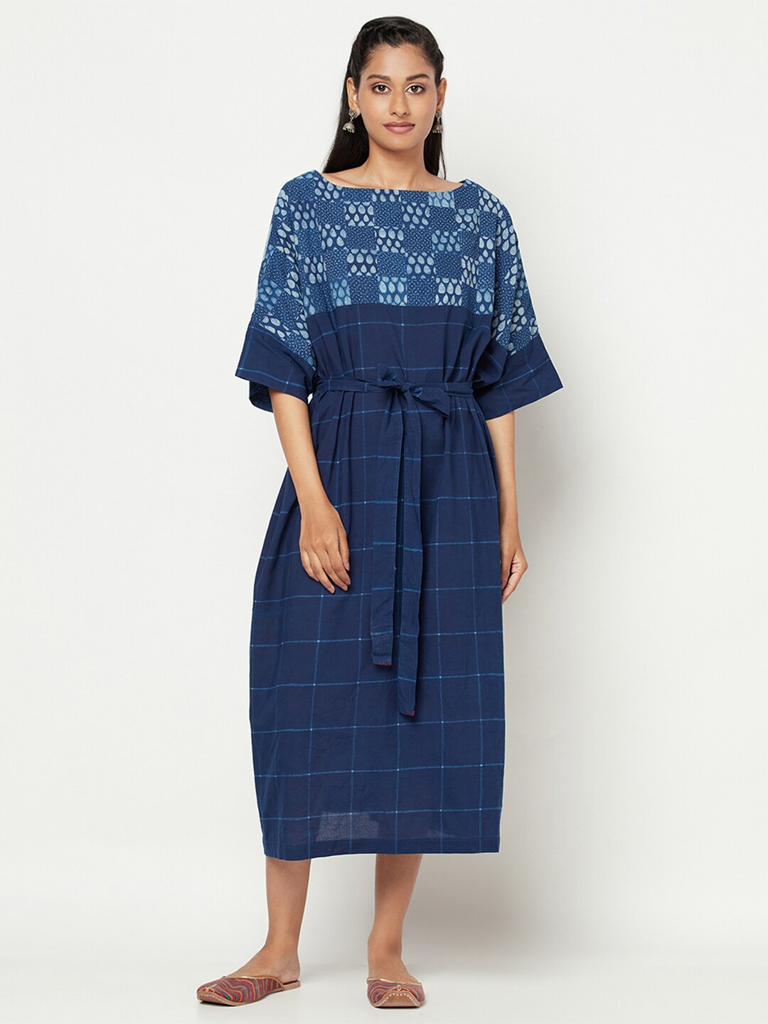 

Fabindia Navy Blue Geometric Block Printed Cambric Cotton Ethnic A-line Midi Dress