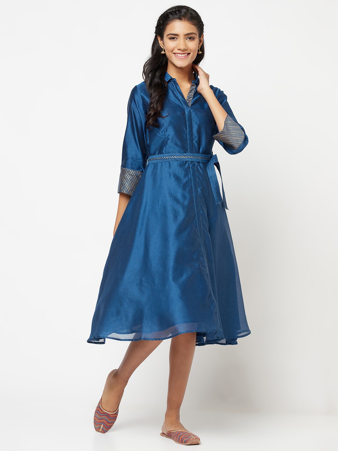 

Fabindia Blue & Gold Printed A-line Midi Dress