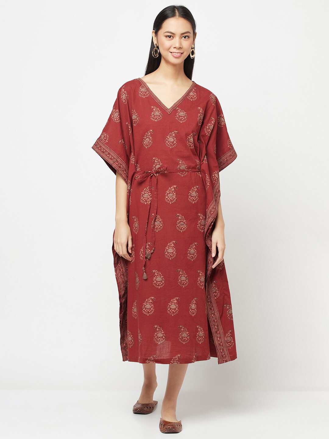 

Fabindia Maroon Ethnic Motifs Kaftan Midi Dress