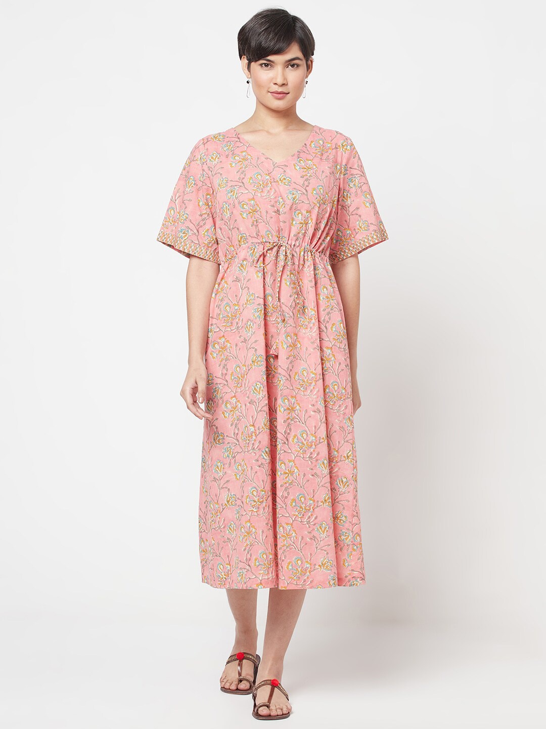 

Fabindia Pink & Mustard Yellow Floral Block Printed Cotton Fit & Flare Midi Dress