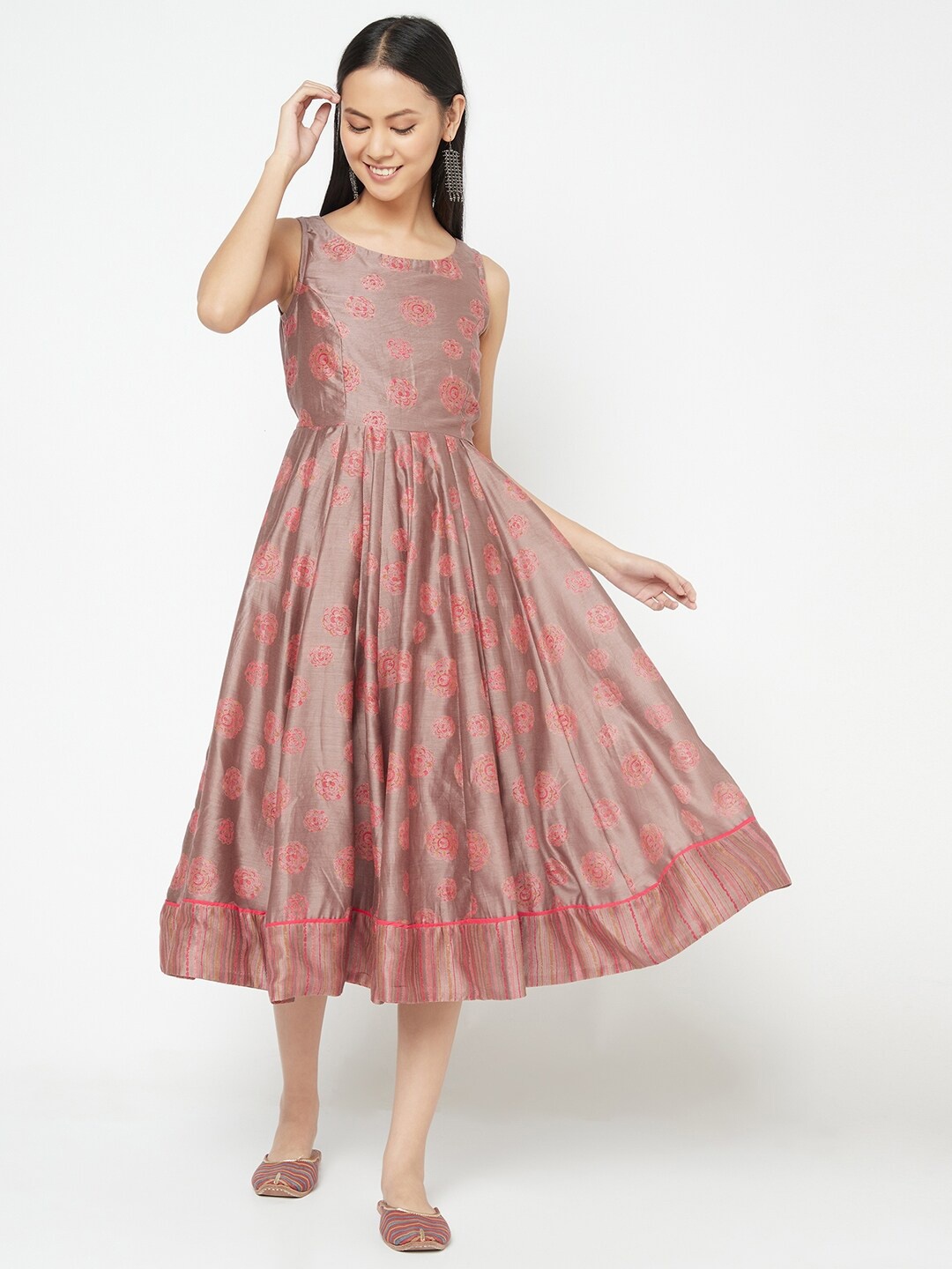 

Fabindia Taupe & Pink Ethnic Motifs Printed Cotton Silk Fit & Flare Midi Dress