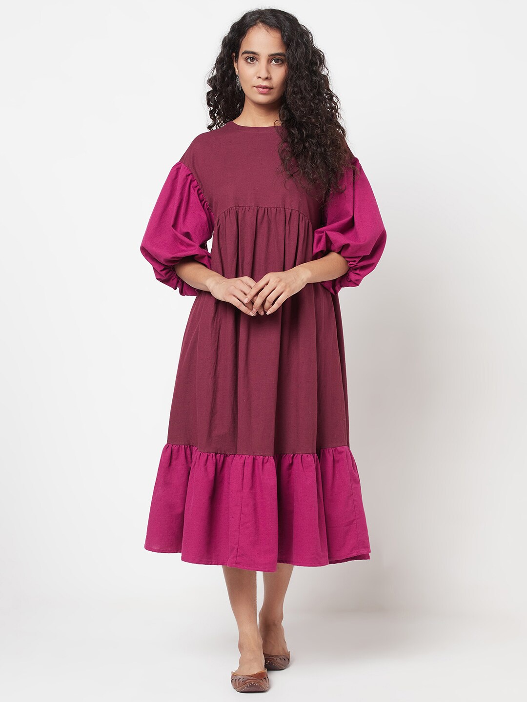 

Fabindia Purple Colourblocked A-Line Midi Dress