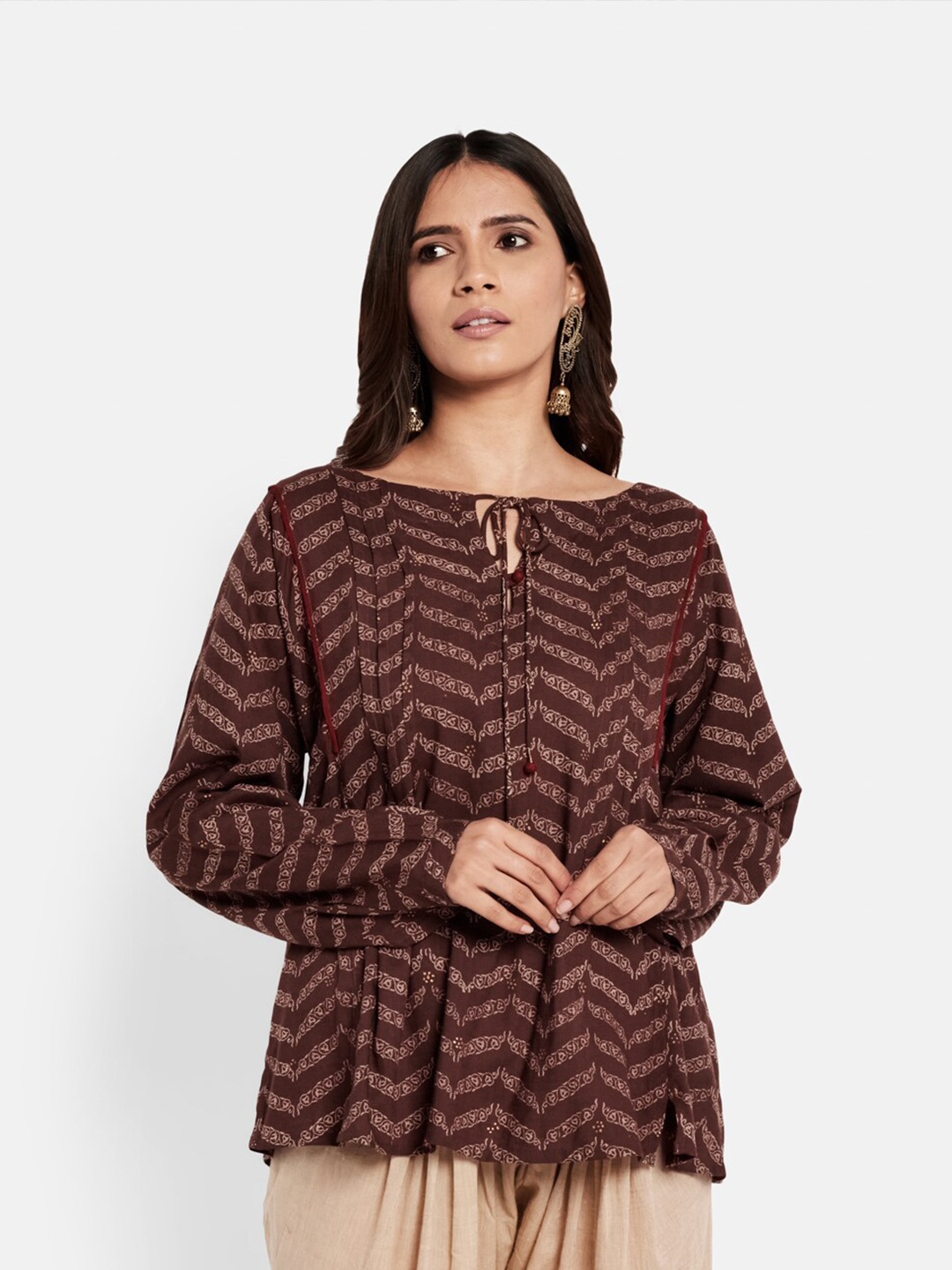 

Fabindia Women Brown Geometric Print Tie-Up Neck Top