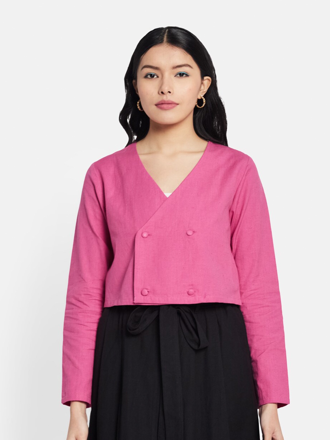 

Fabindia Fuchsia Solid Cotton Linen Wrap Crop Top