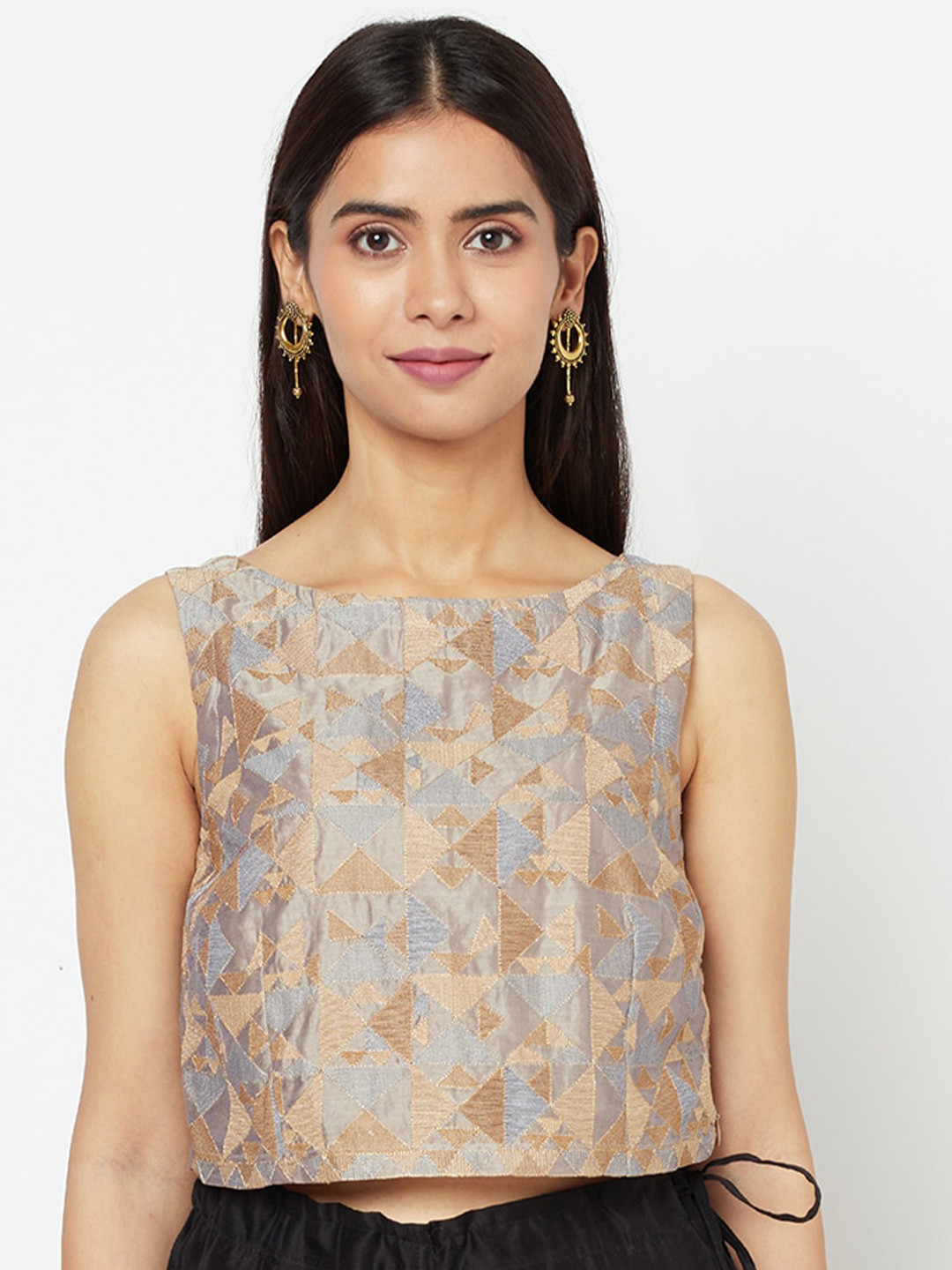 

Fabindia Grey & Gold-Toned Print Crop Top