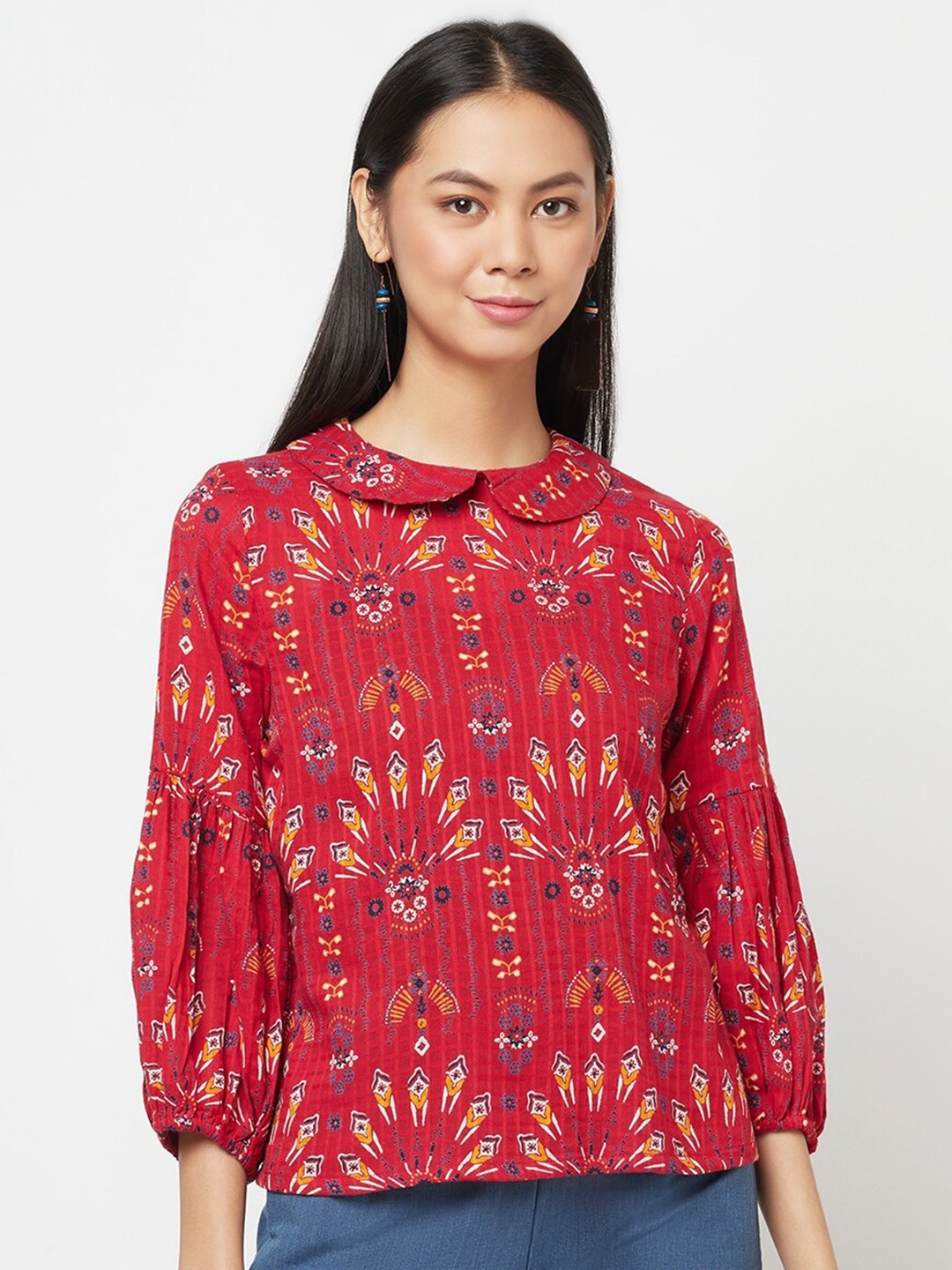 

Fabindia Red & Blue Printed Peter Pan Collar Top