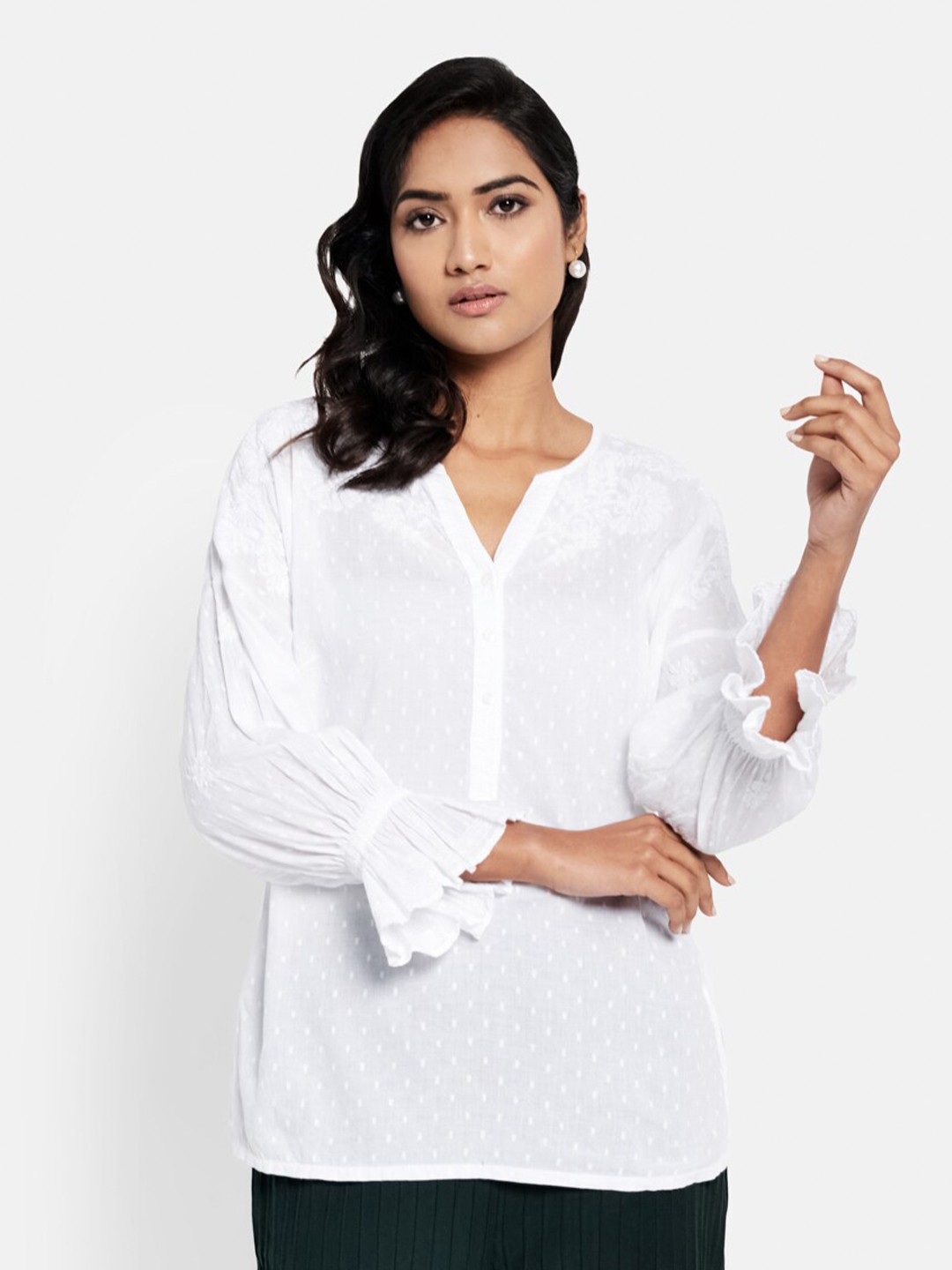

Fabindia White Chikankari Pure Cotton Shirt Style Top