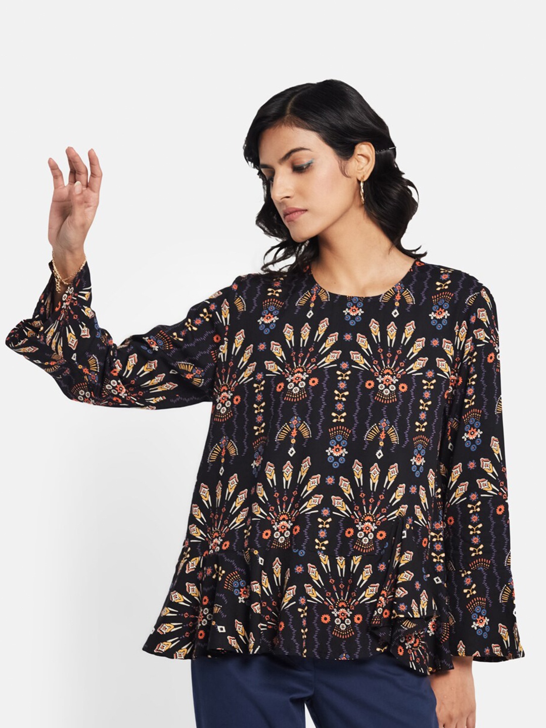 

Fabindia Women Black Abstract Printed Pure Cotton Top