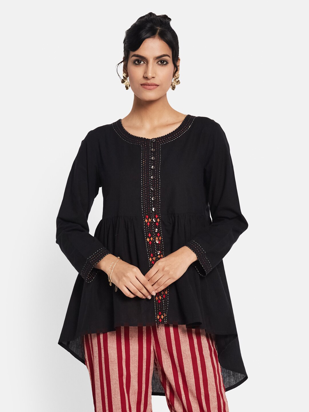 

Fabindia Black Geometric Embroidered High-Low Top