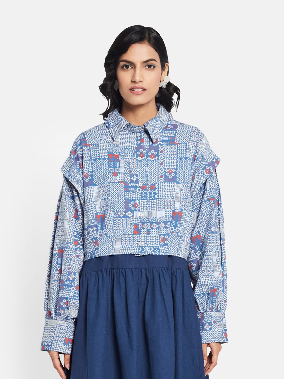 

Fabindia Blue Geometric Printed Shirt Style Cotton Top