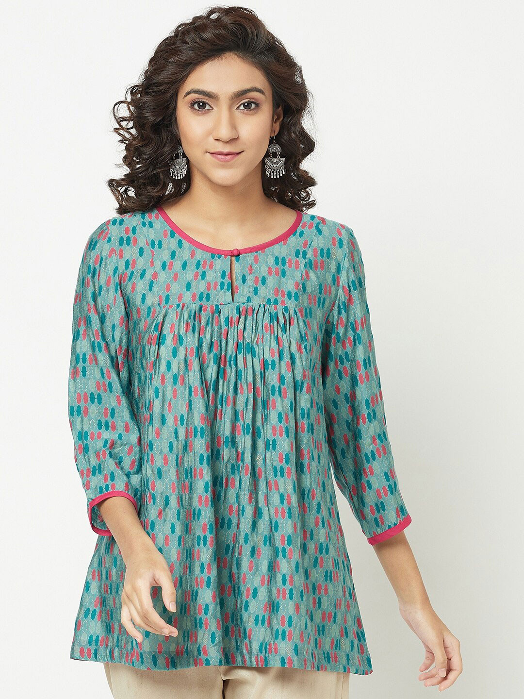 

Fabindia Women Green Geometric Print Keyhole Neck Top