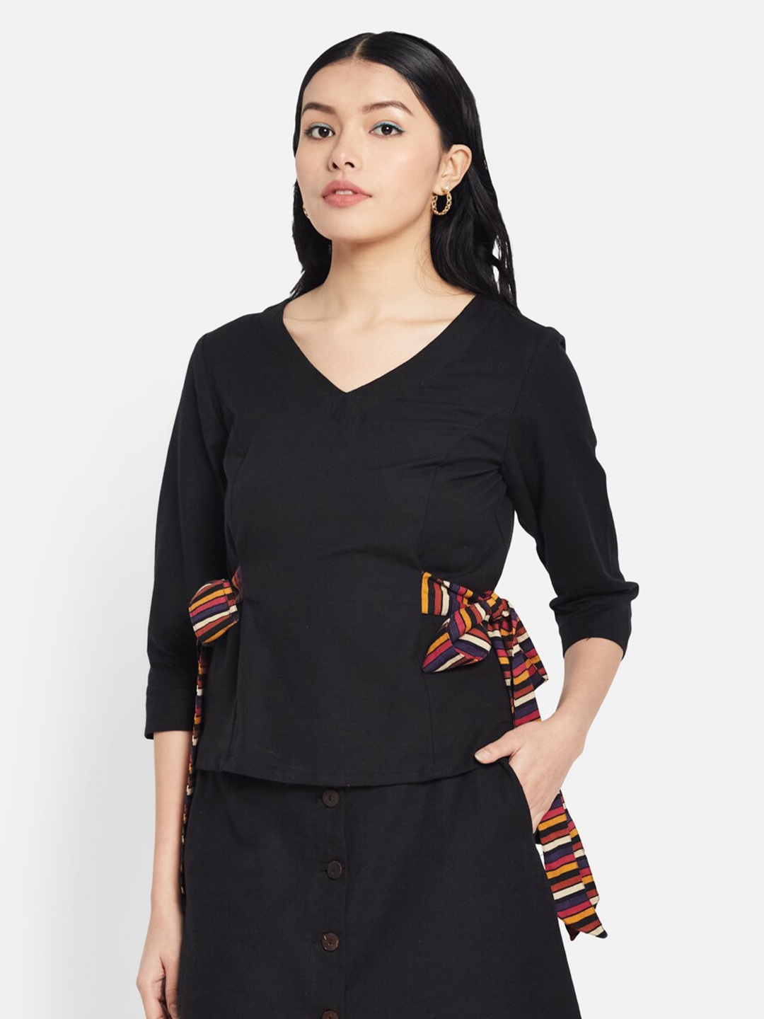 

Fabindia Black & Red Cinched Waist Top