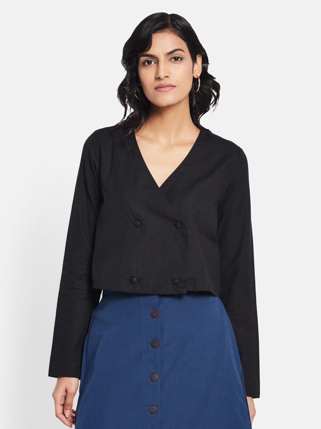 

Fabindia Women Black Solid Wrap Top