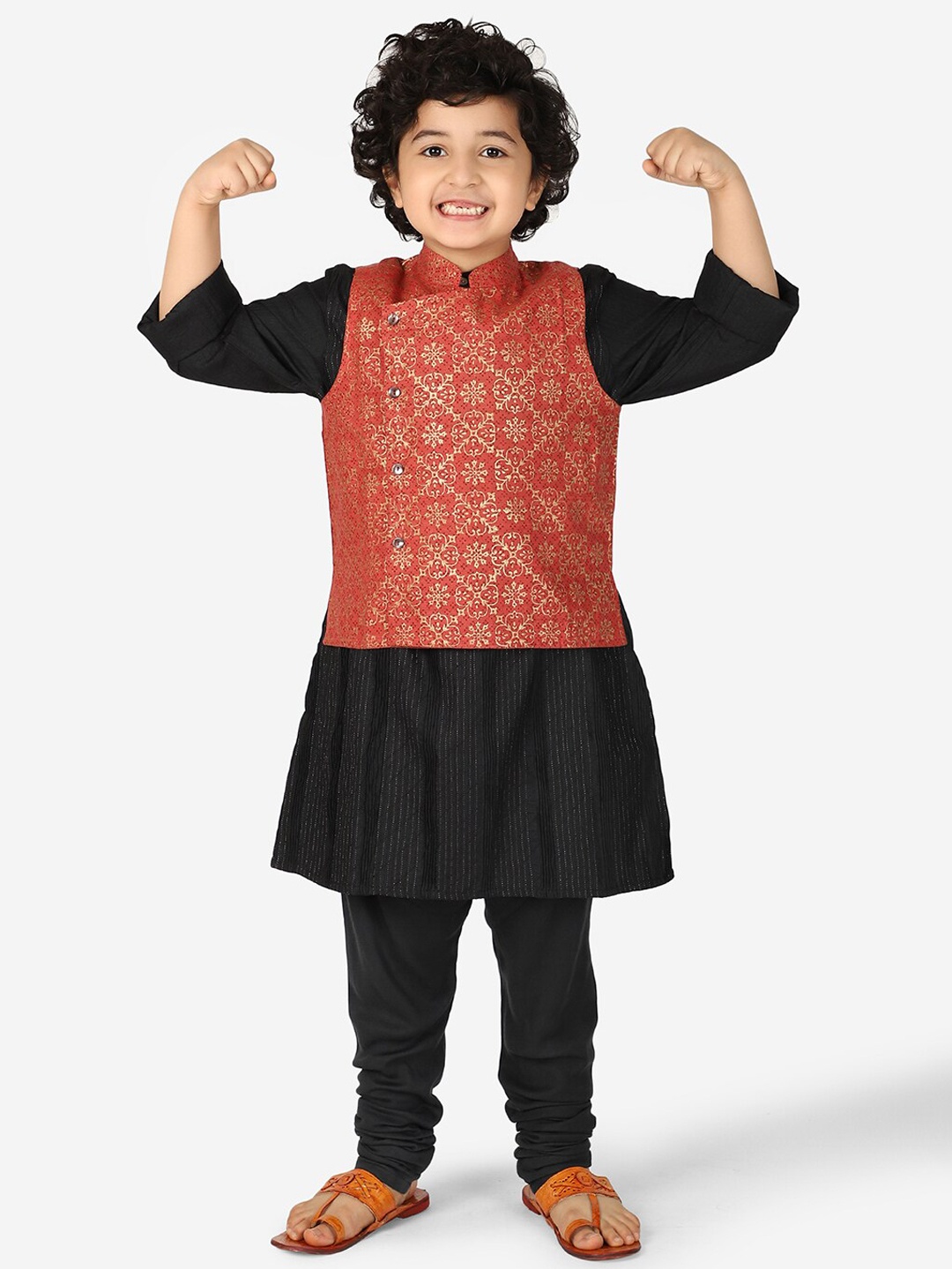 

Fabindia Boys Red Printed Pure Silk Matka Nehru Jacket